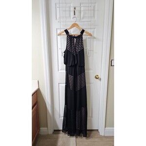 INC International Concepts Black Chevron Mesh Illusion Halter Maxi Dress Size 10